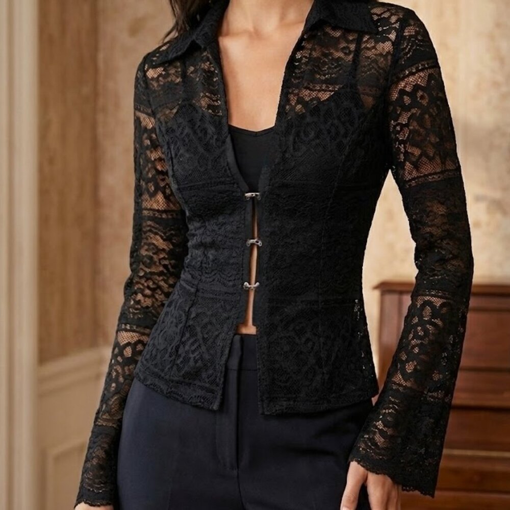 Vintage Le Chateau Lace + Silver Clasp Long Sleeve Top